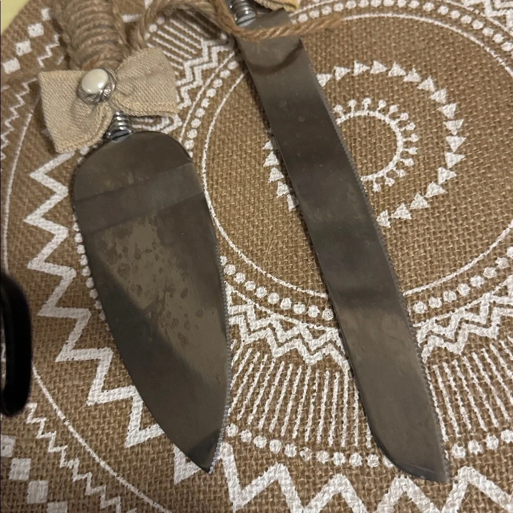 Burlap & Twine wrapped Rustic on Stainless Steel cake knife, server & 3 plastic